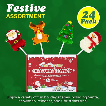 4E's Novelty 24 Pack Christmas Lollipops Santa, Snowman, Reindeer, Tree, Christmas Lollipops Individually Wrapped Bulk, Candy Suckers, Stocking Stuffer Candy for Kids & Adults