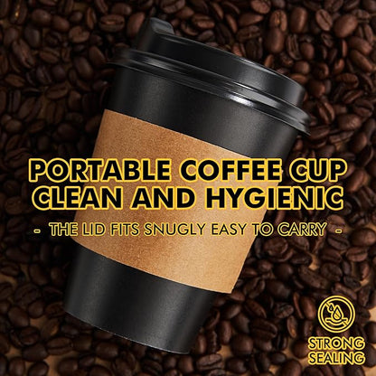 RACETOP 12 oz Paper Coffee Cups,100 Pack Black Disposable Coffee Cups with Lids, Sleeves and Stirring Sticks, 12 oz Hot Coffee Cup for Hot Drinks, Parties, Picnic, Travel, and Events