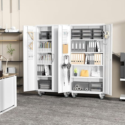 Greenvelly 72" Metal Storage Cabinet with Wheel and Pegboard, Lockable White Metal Garage Cabinets with 2 Doors and 4 Adjustable Shelves, Rolling Steel Tool Cabinet for Garage, Home Office, School