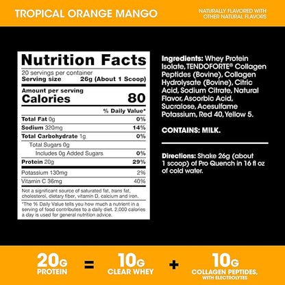 Optimum Nutrition Pro Quench, 10g Clear Protein, 10g Collagen peptides & Electrolyte Powder Drink Mix, Tropical Orange Mango, 20 Servings, 520 Grams (Packaging May Vary)