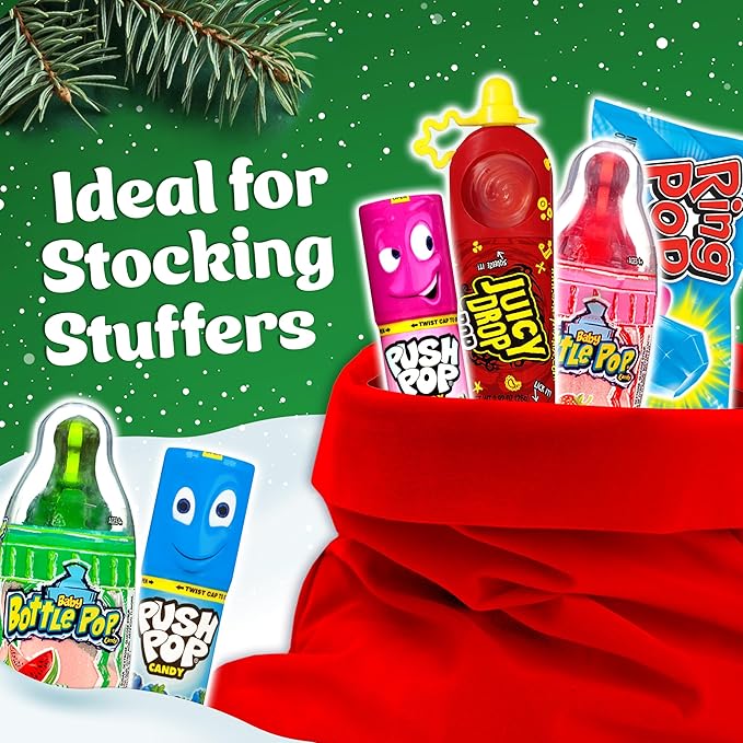Christmas Candy Variety Pack Bag, 12 Ct Assorted Lollipops, Bulk Individually Wrapped Ring Pop, Push Pop, Baby Bottle Pop & Juicy Drop For Birthday Party Favors, Stocking Stuffers, Kids Gifts