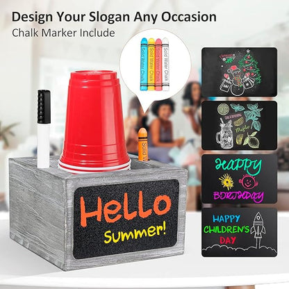 Wooden Cup Holder - Party Cup Holder with Marker Slot, with Chalkboard for Party and Wedding, Rustic Cup Holder for Countertop, Grey