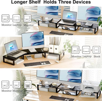 TEAMIX Dual Monitor Stand Riser for 2 Monitors, Wood & Metal Stand Adjustable Length/Angle Shelf Triple Monitor Stand for Screens/PCs/Printers/Laptops Desktop Organizer