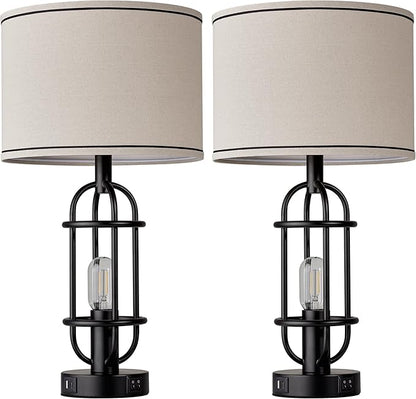 Black Table Lamps for Living Room Set of 2, 22.3" Farmhouse Lamps for Nightstand, Industrial Table Lamps for Bedroom with USB Ports, Bulbs Included