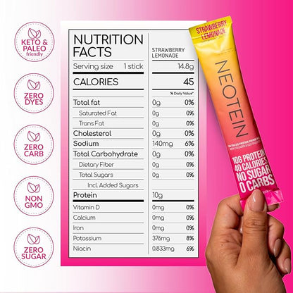 NEOTEIN: Electrolyte Powder Packets, Protein Powder with 10g Protein & Collagen | Hydration Packets - Zero Sugar, NO Fillers, NO Carbs | Strawberry Lemonade | 40 Calories | Keto & Paleo | Pack of 15