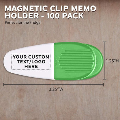 100 Magnetic Memo Holders Set - Customizable Text, Logo - Large Clip, Plastic - White Green