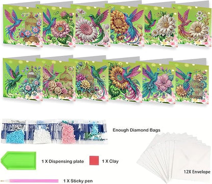 jinglinhh 12pcs Hummingbird Sunflower Diamond Art Painting Greeting Cards with Envelopes, DIY Card Making Kits for Adults, Diamond Art Christmas Cards for Birthday Holiday Postcards Craft Gifts