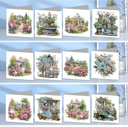 jinglinhh 12pcs Diamond Art Painting Garden Flowers Greeting Cards with Envelopes, DIY Card Making Kits for Adults, Diamond Art Postcards Christmas Cards Craft Gifts