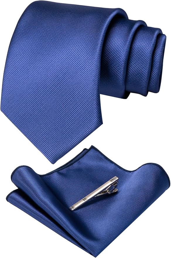 JEMYGINS Solid Color Formal Necktie and Pocket Square Tie Clip Sets for Men