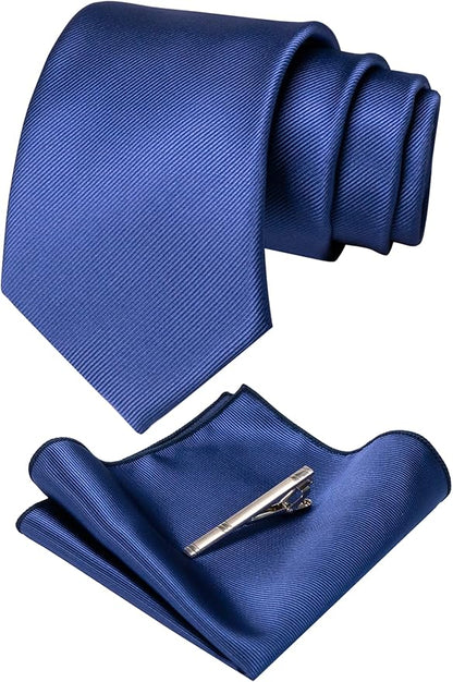JEMYGINS Solid Color Formal Necktie and Pocket Square Tie Clip Sets for Men