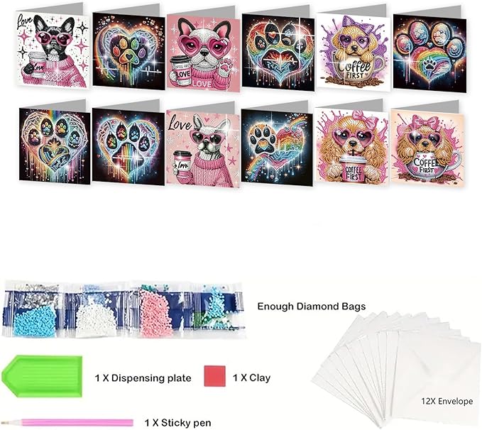 jinglinhh 12pcs Diamond Art Painting Dog Paws Greeting Cards with Envelopes, DIY Card Making Kits for Adults, Diamond Art Christmas Cards for Birthday Holiday Postcards Craft Gifts