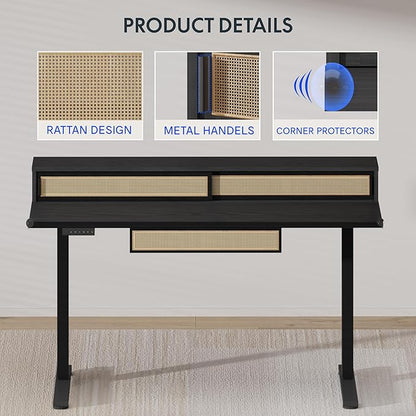 FLEXISPOT Q4 One-Piece Standing Desk with Rattan Drawers, 55 x 24 Inch Adjustable Height, Electric Stand Up Table with Monitor Shelf, Home Office Ergonomic Computer Desk with Memory Presets, Black