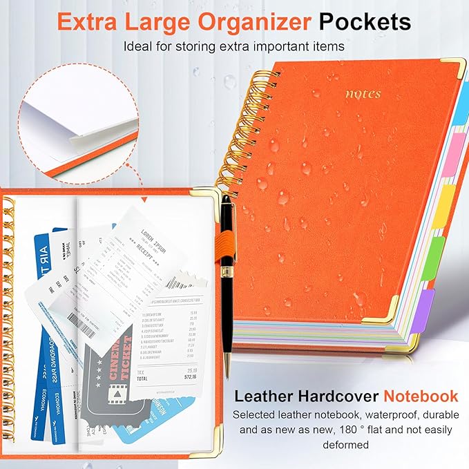 Hardcover Spiral Notebook 6.2"x 8.2" Journal Notebook with Tabs and Removable Dividers 300 Pages 5 Subject Notebook College Ruled, Faux Leather Spiral Bound Notebook for Women School Work(Orange)