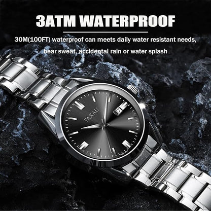 Mens Silver Watch Luxury Minimalist Dress Watch Classic Waterproof Watches for Men Analog Quartz Stainless Steel Men's Wrist Watches with Date Luminous Relojes para Hombres