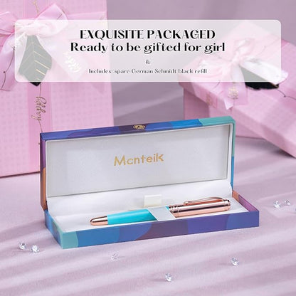 Luxury Rollerball Pen, With 8mm Brilliant diamond,Delicate Green Pen,Attractive Real Rose Gold Finish, Schmidt Black Refill,Glitter Fancy Pens Gifts for Women Wedding Office,Unique, Cute pen