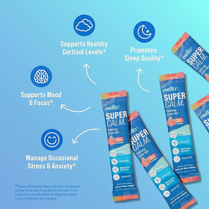 Nello Supercalm Powdered Drink Mix, Cortisol Reducer* and Sleep Aid Supplement, L Theanine, Ksm-66 Ashwagandha, Magnesium Glycinate, Vitamin D 3, No Sugar, Non GMO, On The Go, 20 Ct, Melon Berry