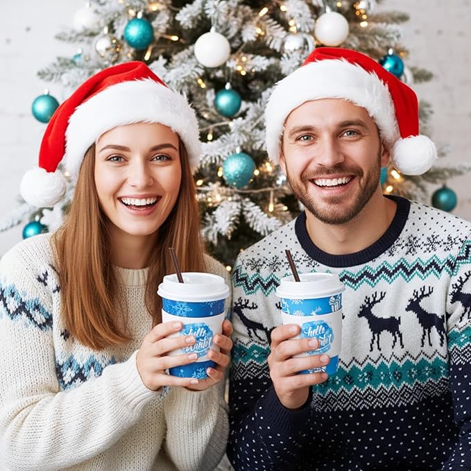 Lallisa 100 Sets Christmas Disposable Coffee Paper Cups Bulk with Lids Sleeves & Straws, 12 oz Xmas Blue and White Snowflakes Coffee Cups for Hot Cold Cocoa Tea Holiday Party Supplies