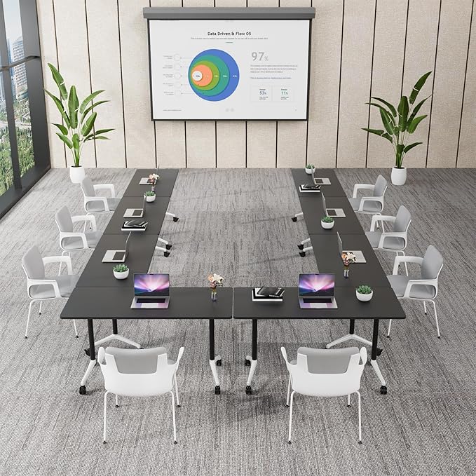Conference Table Folding Conference Room Tables, Modern Mobile Meeting Training Table with Silent Wheels, Foldable Seminar Table for Offices, Classrooms, Libraries (10, Black, 55.1in)