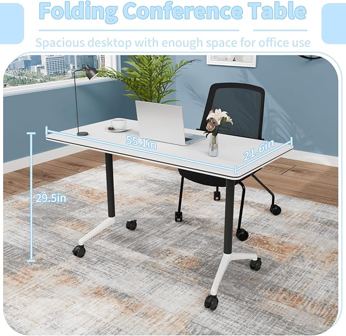 Conference Table, Foldable Conference Room Tables with Silent Wheels, Folding Modular Seminar Meeting Tables, Modern Rectangle Training Table for Office, Boardroom (2, White2, 55.1)