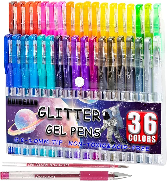72 Pack Glitter Gel Pens, 36 Colored Gel Pen with 36 Refills,40% More Ink Write Smooth for Adults Coloring Books Drawing Doodling Scrapbooks Bullet Journaling