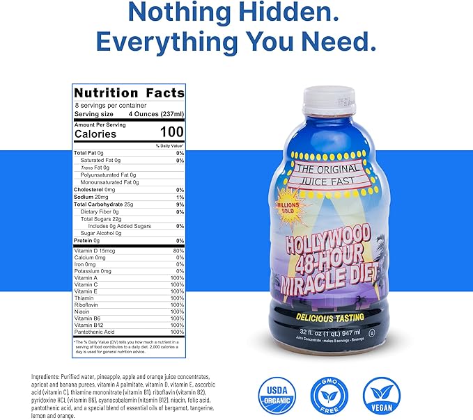 Hollywood diet - 48-Hour Miracle Fruit Juice Cleanse Diet 1-Pack, Detox Cleanse for Weight Loss & Rejuvenation, Food Replacement, Fast Acting Diet, Weight Loss Drink, 32 Fl. Oz.