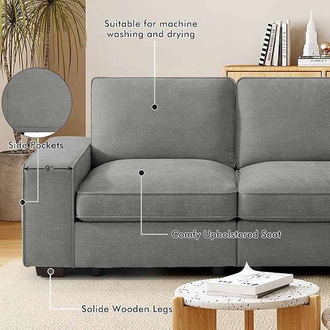 TEKAMON 73" Modular Sofa Couch with Seat Storage, Comfy 2-Seater Chenille Fabric Loveseat Sofa for Living Room, Office, Apartment W/Deep Seat, Wide Armrest, USB Charing Removable Cover(Light Grey)