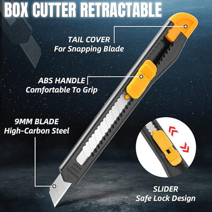 4 Pack Box Cutter Retractable, Utility Knife 9MM Wide Snap-Off Blades, Exacto Knife for Cutting Box, Wrapping, Cardboard, Extended Razor Knife, Box Opener Perfect for Office, Home, School