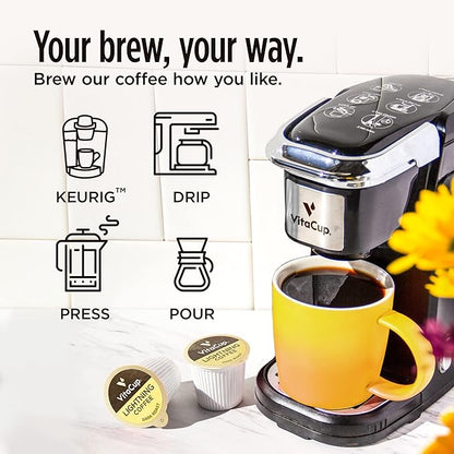 VitaCup Lightning Coffee Pods, for Memory & Focus w/ 2X Caffeine, Green Coffee Bean, B Vitamins, D3, Strong Dark Roast, Recyclable Single Serve Pod Compatible with Keurig K-Cup Brewers,32 Ct
