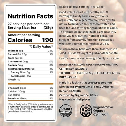 Organic Raw Walnuts Halves & Pieces 1.7lb – Unpasteurized, Regeneratively Grown in California – Whole, Fresh, Unsalted – Plant-Based Omega-3s