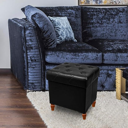 CAROLMADE Folding Storage Ottoman Cube PU Leather Footstool with Wood Legs Ottoman Footrest for Living Room and Bedroom Black, 15x12.6 x 15.4”