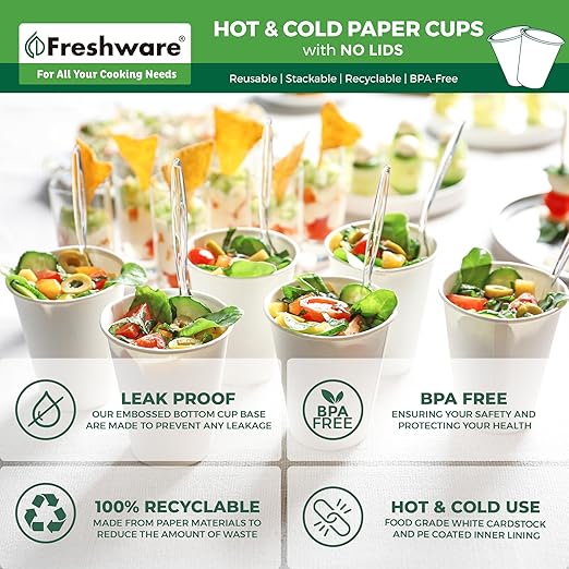 Freshware Coffee Cups 8 oz [100 Pack] Disposable Paper Cups for Hot or Iced Coffee Cup, Slushie Cup, Milkshakes, Smoothies, and Tea