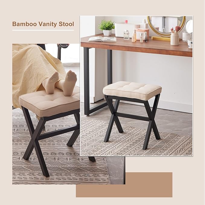 FILWH Foot Stool Small Ottoman Foot Rest Padded Foot Stool Desk Foot Stool for Under Office Desk Vanity Stool Bamboo Footstool Sofa Footrest Shoe Stool Small Foot Stools (Black Legs + Beige)