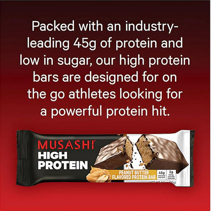 MUSASHI High Protein Bar, 45g Protein, 2g Total Sugars, Peanut Butter & Milk Chocolate Coated, Post Workout and Protein Snack On The Go, 12 Pack of 3.2oz (90g) Bars