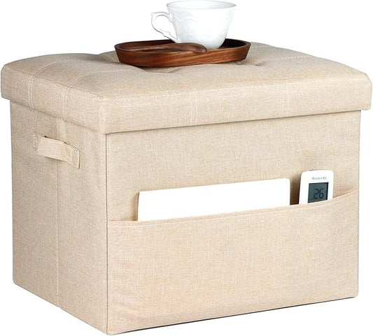 Storage Ottoman Foot Rest, Folding Linen Cotton Ottoman with Storage with Side Pockets and Handle, Foot Stool for Lounge, Study Corner, Home Office, 17x17x13 Inches, Beige