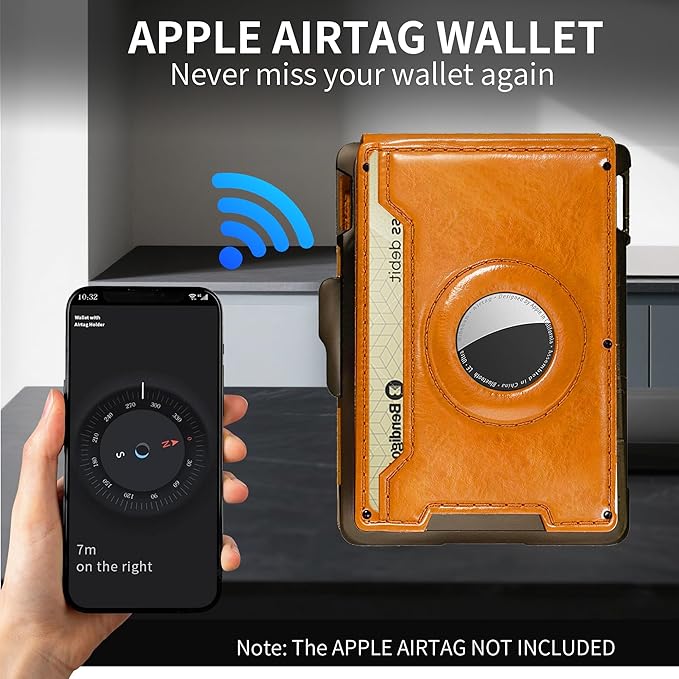 Compatible with Air Tag Wallet for Men, RFID Blocking Slim Minimalist Bifold Wallet with Pop Up Aluminum Card Case, Leather Credit Card Holder with Money Clip & ID Window, Holds 9–12 Cards, (brown)