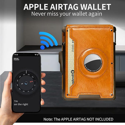 Compatible with Air Tag Wallet for Men, RFID Blocking Slim Minimalist Bifold Wallet with Pop Up Aluminum Card Case, Leather Credit Card Holder with Money Clip & ID Window, Holds 9–12 Cards, (brown)