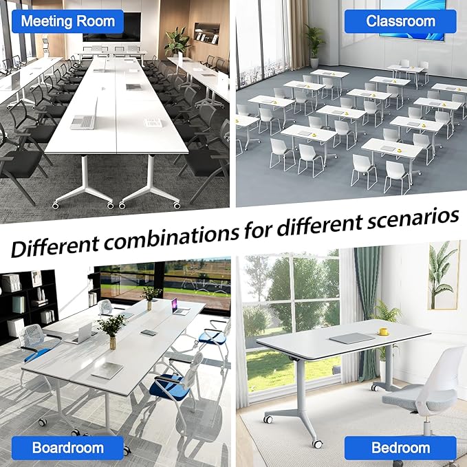 Conference Table,Folding Conference Table with Silent Wheels,Rectangular Business Conference Room Table,for Reception Offices Classrooms Meeting Training Room (4, White, 55.1in)