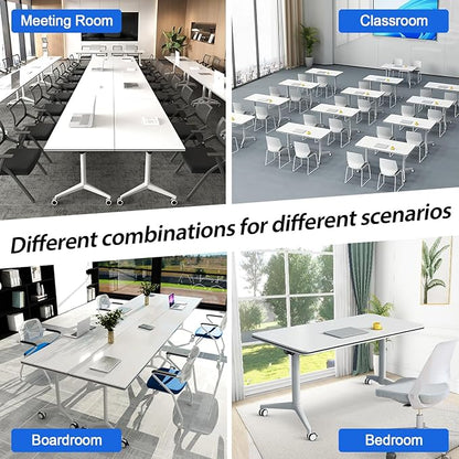 Conference Table,Folding Conference Table with Silent Wheels,Rectangular Business Conference Room Table,for Reception Offices Classrooms Meeting Training Room (4, White, 55.1in)