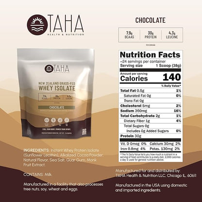 Taha Health & Nutrition Chocolate Whey Protein Isolate Powder, 30g Protein, 7.9g BCAAs, 4.3g Leucine | New Zealand Free-Range, Grass-Fed Dairy | Gluten-Free, Keto, Kosher | 2LB, ~24 Servings