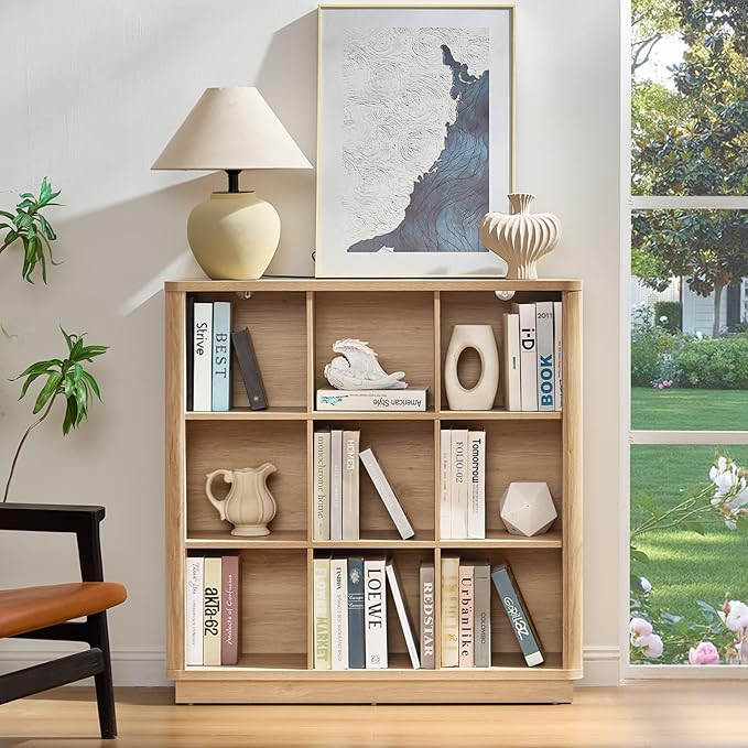9 Cube Storage Book Shelf, 41" Tall Organizer Bookshelf with Curved Edge, Floor Standing 3-Tier Wood Cubby Bookcase with Base, Modern Display Book Case for Living Room, Home Office,Natural Oak