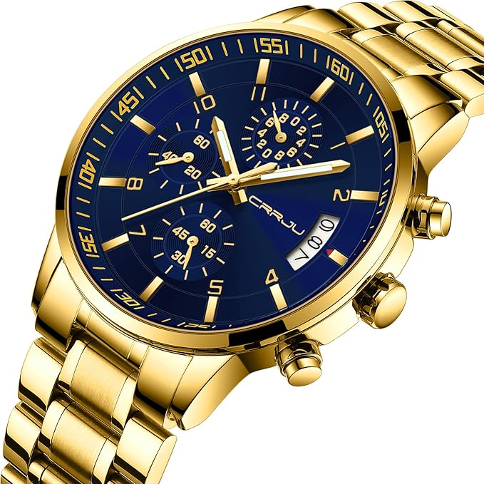 CRRJU Men's Fashion Stainless Steel Watches Date Waterproof Chronograph Wristwatches,Black Steel Band Waterproof Quartz Watch for Men