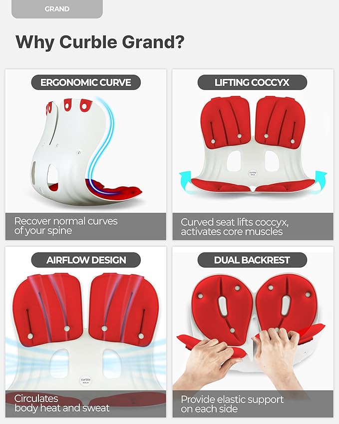 curble Grand(Extra Wide&Sturdy) Cover Set – Ergonomic Back Support Chair & Detachable Cover, Lumbar Support for Posture Corrector and Low Back Pain Relief, Perfect for Home Office Desk Chair(Set Red)