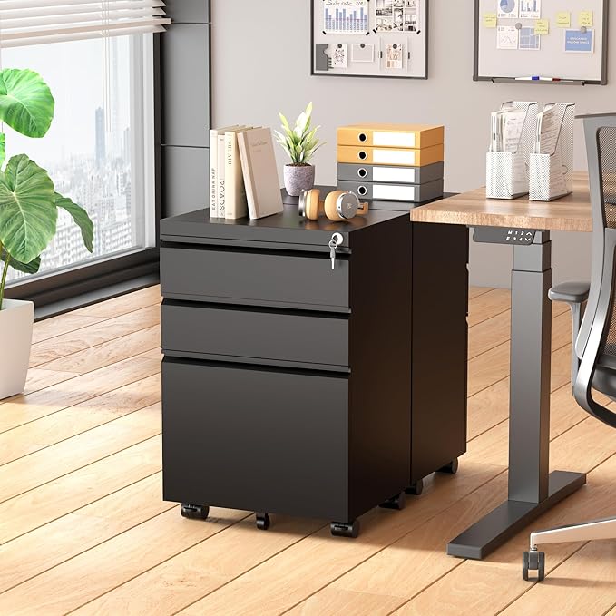 Greenvelly 3-Drawer Mobile File Cabinet with Locking Drawers & Wheels, No assembly required Black Rolling Metal Filing Cabinet for Home Office, Lockable File Organizer Under Desk or Letter/Legal Files