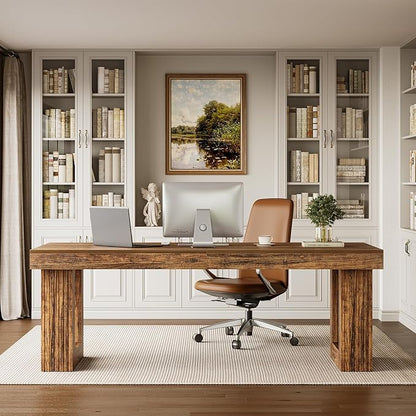 LITTLE TREE Two Person Desk, 86.6 Inches Extra Long Computer Desk, Double Computer Writing Table for 2 People, Wooden Large Desks Business Workstation for Home Office, Rustic Brown