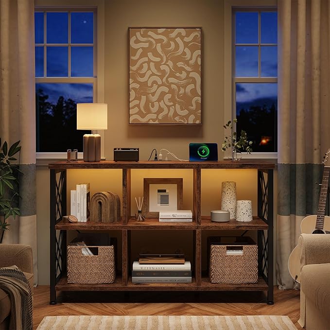 6 Cube Storage Organizer with LED Light and Charging Station, Wood and Metal Cube Shelf, Long Horizontal Book Shelf for Bedroom, Home Office, Black