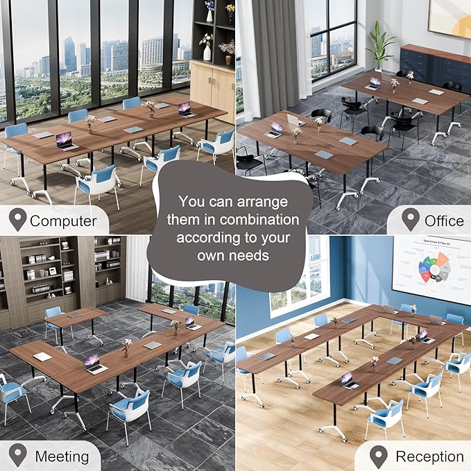 Conference Table Folding Conference Room Tables, Modern Mobile Meeting Training Table with Silent Wheels, Foldable Seminar Table for Offices, Classrooms, Libraries (4, walnut2, 61in)