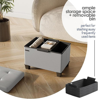 STORAGEBUD Storage Ottoman Cube with Small Bin, 16-in Square Ottoman with Storage for Living Room and Bedroom, Small Ottomans Foot Rest, Faux Leather Foot Stools Ottomans Max 330lbs, Light Grey