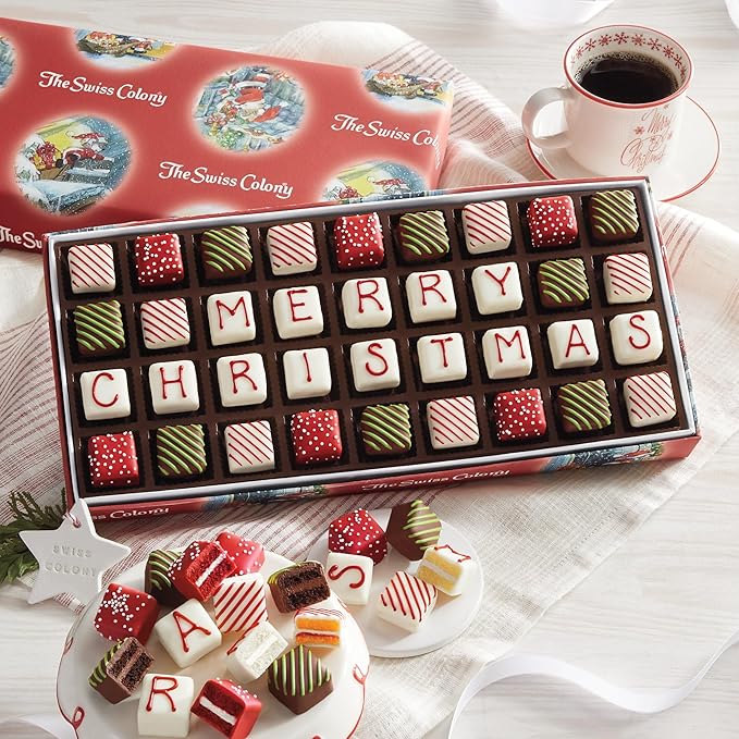 The Swiss Colony 27 Favorites Food Gift Box - Assorted Cheeses, Chocolates, and Summer Sausage Meats with Merry Christmas Petits Fours Mini Layer Cakes with Traditional Old Fashioned Candy Assortment