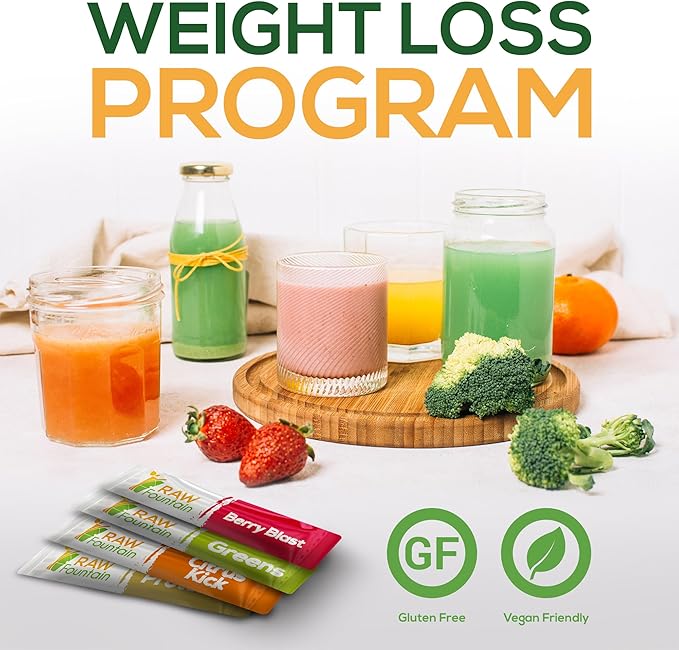 Raw Fountain 3 Day Juice Cleanse Detox, 24 Powder Packets, Travel and Vegan Friendly, 4 All Natural Flavors, Includes Protein (3 Day)