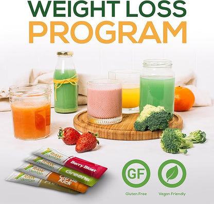 Raw Fountain 3 Day Juice Cleanse Detox, 24 Powder Packets, Travel and Vegan Friendly, 4 All Natural Flavors, Includes Protein (3 Day)